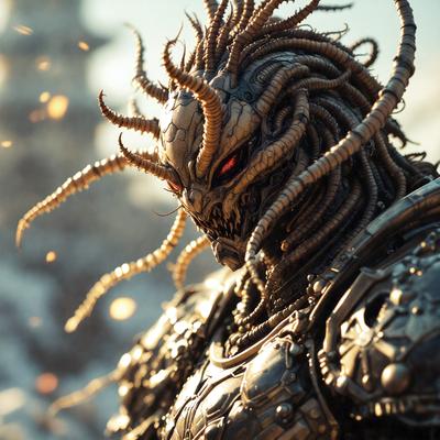 The primary subject of the image is a close-up of a character's face, which appears to be a demon or a creature with a spiky head. The setting is a snowy environment, with the character standing in the snow. The visual style is a combination of photo and digital art, creating a unique and intriguing appearance. The colors in the image are predominantly dark, with the character's face being the main focus, and the snowy environment providing a contrasting backdrop. The overall atmosphere of the